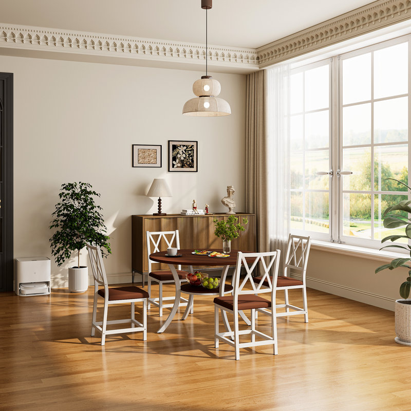 5 Pieces 35.4’’ Transitional Style Round Dining Table Set, Extendable Folding Kitchen Dining Table Set For 4 With 4 PU Upholstered Dining Chairs