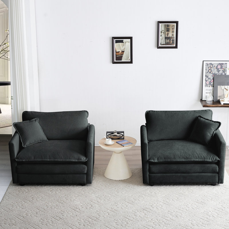 2 chaises d'appoint, tissu d'ameublement en chenille gris, fabrication en bois, assise de salon confortable avec 2 coussins hauts, structure rembourrée, taie d'oreiller avec accoudoirs
