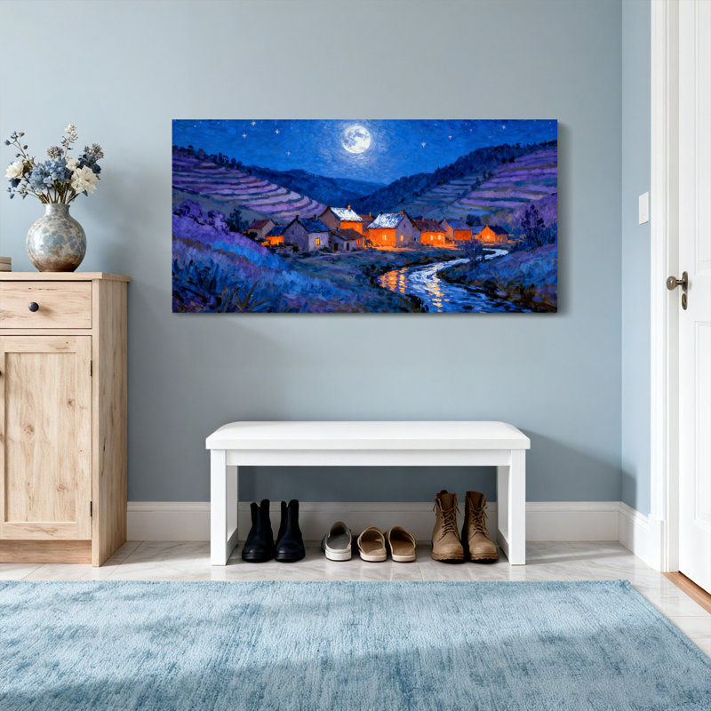 Paysage et nature au clair de lune avec ciel étoilé et rivière, H 24 po x l 48 po