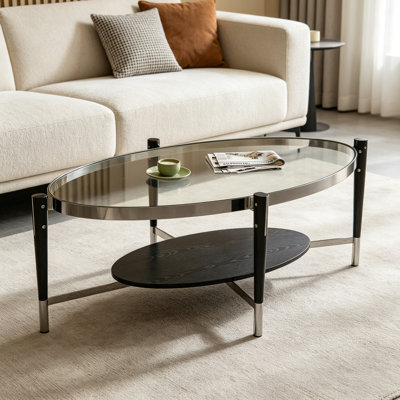 Table basse ovale en verre trempé avec tablette en bois