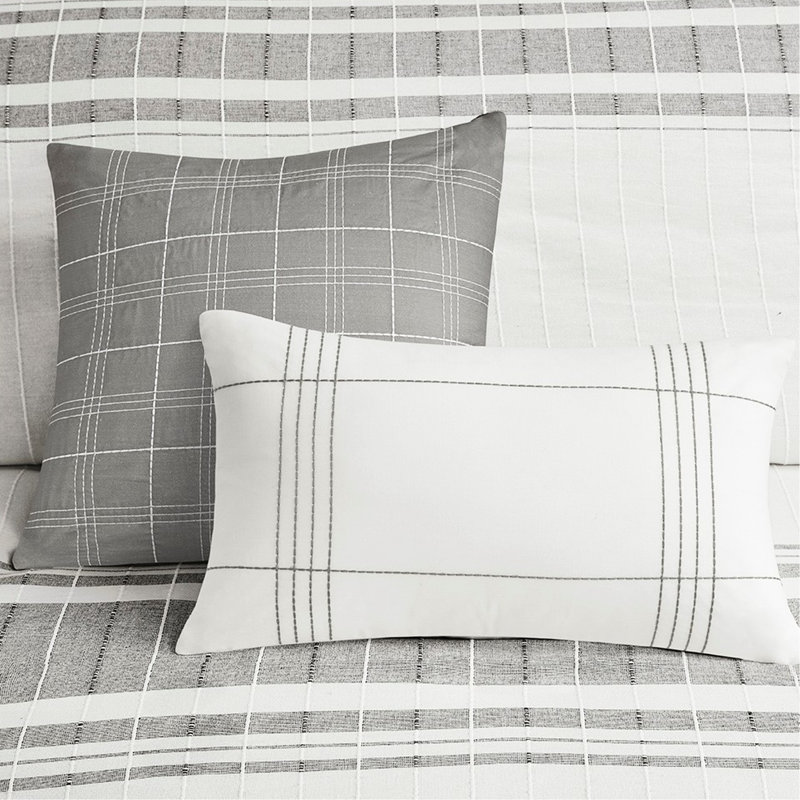 Housse de couette 100 % coton tissé, grand lit/queen, fond blanc à rayures grises, coussins décoratifs, 2 taies d'oreiller
