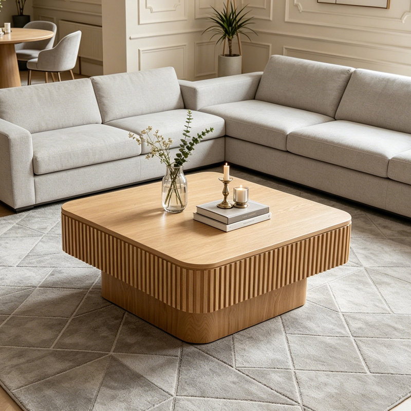 Table basse carrée 31,5 "avec rangement, Bois naturel