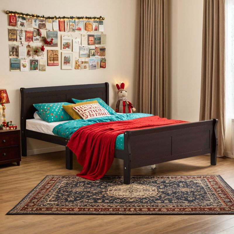 Bed Frame With Headboard And Footboard, Solid Wood Platform Bed Frame With Wooden Slat Support, Sleigh Bed For Guest, Adult