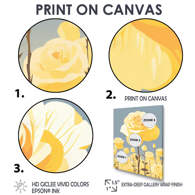 Art mural jaune sur fond de roses jaunes, H 20 po x l 12 po x P 1 po, Toile avec cadre flottant noir