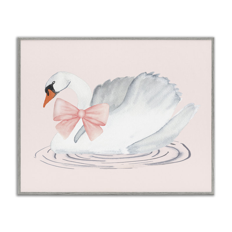 Cygne blanc avec ruban rose, estampe numérique, conception de Nina Jacobs, H 16 po x l 20 po, Estampe numérique Farmhouse