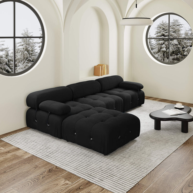 Canapé modulaire rembourré 3 places avec repose-pieds, velours moelleux, dossier détachable et accoudoirs Mario Bellini, Noir
