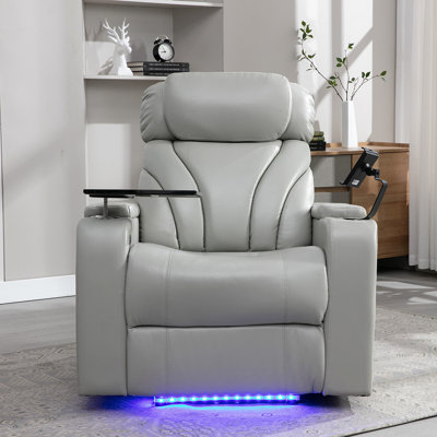 Fauteuil inclinable électrique Power Motion avec port de charge USB, rangement pour bras cachés, porte-gobelet pratique et haut-parleur Bluetooth, gris clair