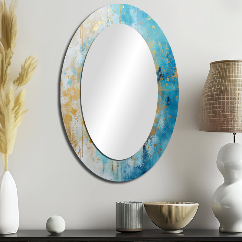 Divine Mandala Delicate Gold Gentle Turquoise I - Geometric Oval Decorative Mirror On Metal, 36" x 24"