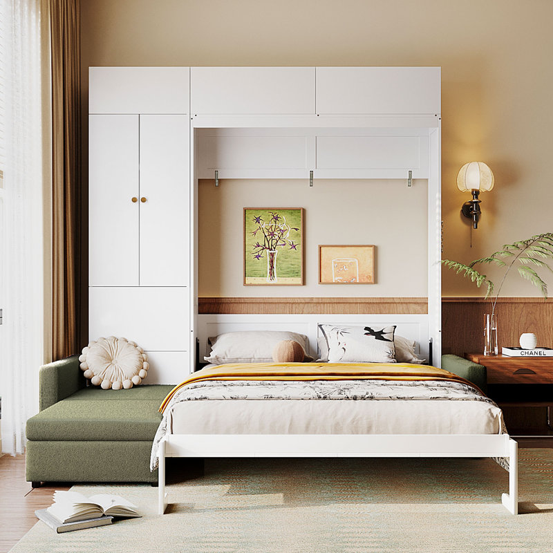 Grand lit escamotable avec canapé et tablettes de rangement - Lit mural peu encombrant pour petits appartements et studios, beige