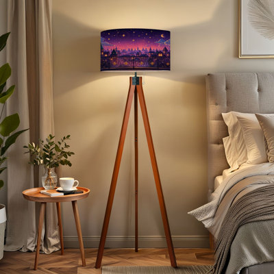 Tripod Standing Lamp Magical Nighttime Cityscape Starry Sky Constellations Viewed from Remote Controlled Dimmable LED Floor Lamp with Beech Wood Legs