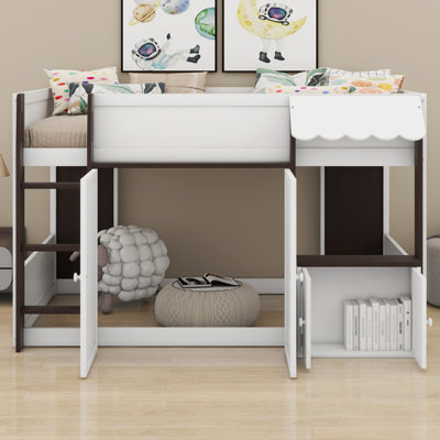 Lit mezzanine pour enfants avec maisonnette et rangement