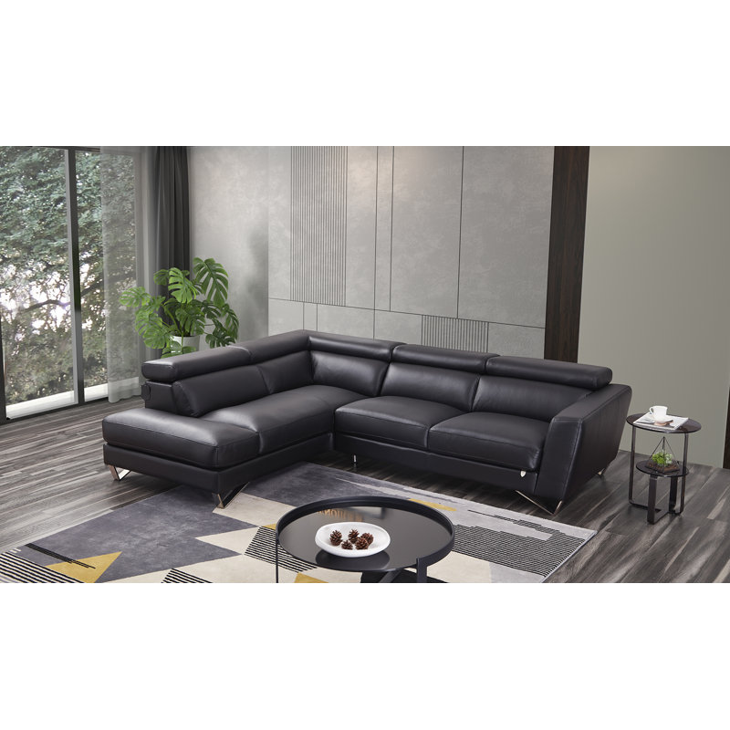Black Genuine Leather Right Sitting Sectional with Stainless Steel Legs