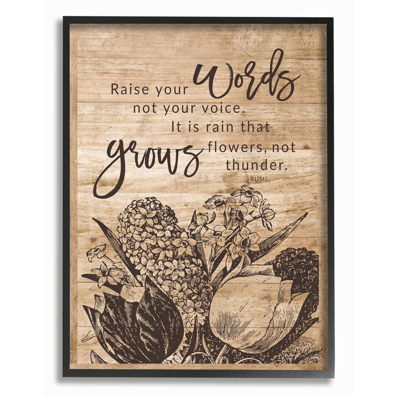 «Rain Grows Flowers Rumi Quote», reproduction d'art textuel sur toile, H 14 po x l 11 po, Giclée encadrée noir minuit