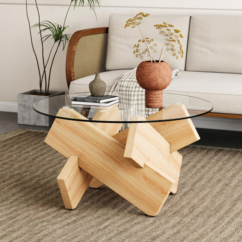 Table basse 33,4 pouces en verre trempé avec pieds en bois