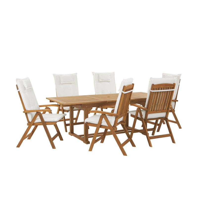 Boothe 6 - Person Acacia Wood Patio Dining Set with Rectangular Table , Cushions Included, Off-White