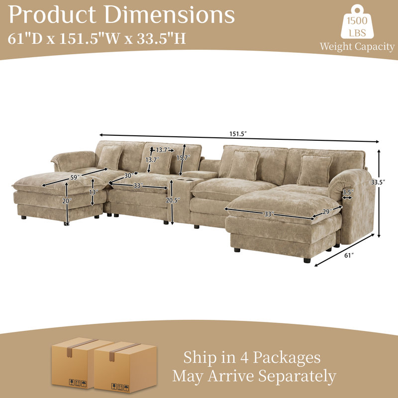 151.5"W U-Shaped Sectional With Console & Cup Holders, Brown Chenille