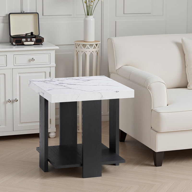 Modern 3-Piece Table Set – Rectangular Shape Coffee Table + 2 Square Shape End Tables – Black Wood Base, White