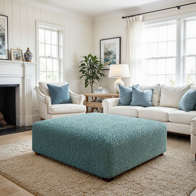 Stretchy Slipcover for Ottoman - Easy to Clean & Durable - Comfort Collection, Large, Teal