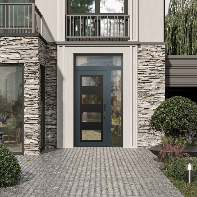 Panneau d'entrée en acier noir anthracite / anthracite avec panneau latéral et porte d'entrée pré-montée, Clair