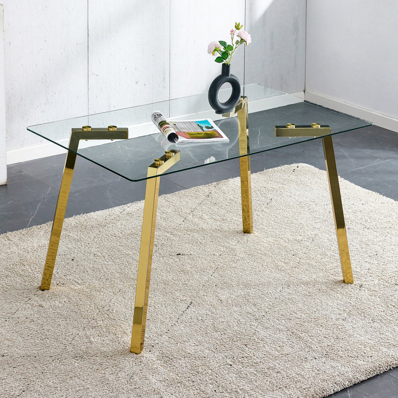 Rectangular Glass Dining Table With Tempered Glass Tabletop And Golden Metal Legs, Suitable For Kitchen, Dining Room, And Living Room, 51 " * 31.5 " * 29.5 "