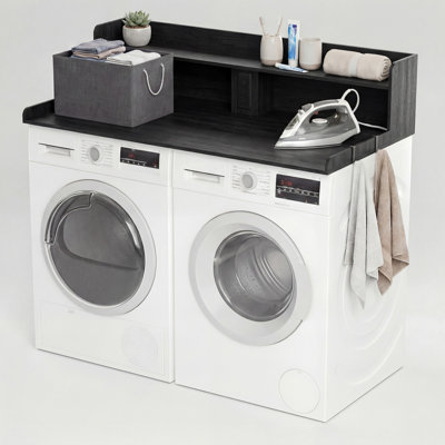 2-Tier Washer Dryer Countertop with Power Outlet, LED Lights, Foldable Storage Basket, 2 Hooks
