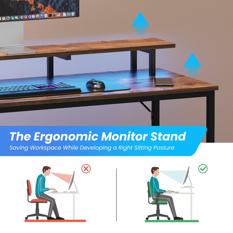Kamai 54" L Shaped Computer Desk for Home Office Gaming Desk with LED Built-in Outlets with Storage Shelf, Rustic Brown/Black