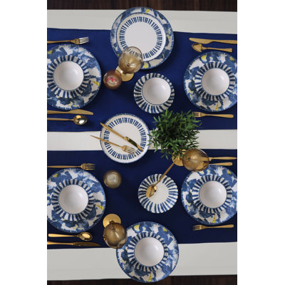Service de table 24 pièces, bleu et blanc, grès 100% céramique | Comprend 6 assiettes de service (11,0 po), 6 assiettes plates (7,1 po), 6 bols (4,7 po), 6 assiettes à dessert (8,7 po) | Antibactérien, facile à nettoyer, résistant aux chocs thermiques, va au lave-vaisselle et au micro-ondes