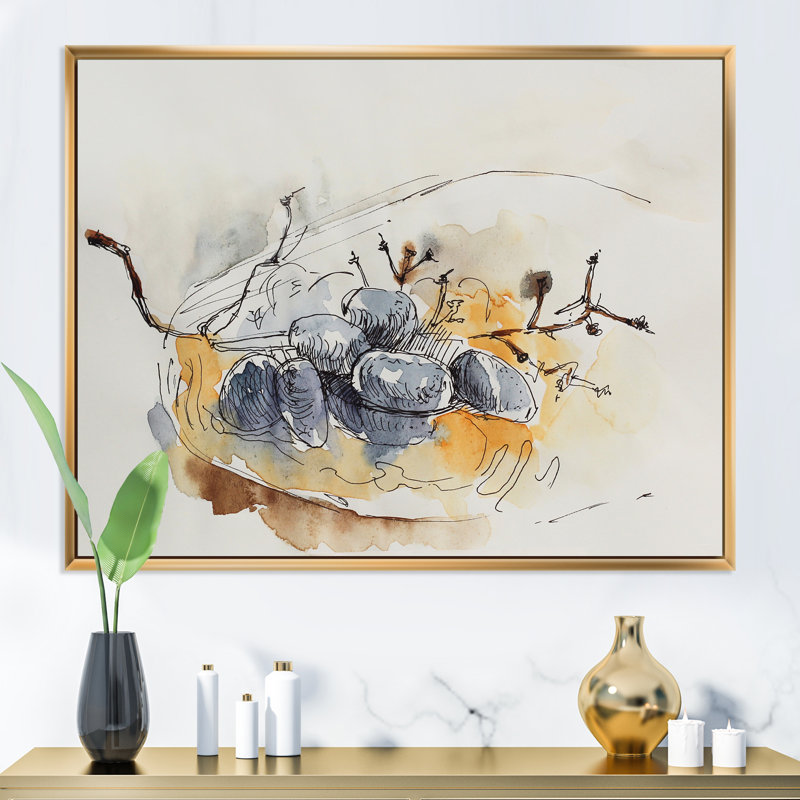 Raisins bleu foncé sur une plaque orange - peinture sur toile, H 24 po x l 32 po, Cadre flottant doré