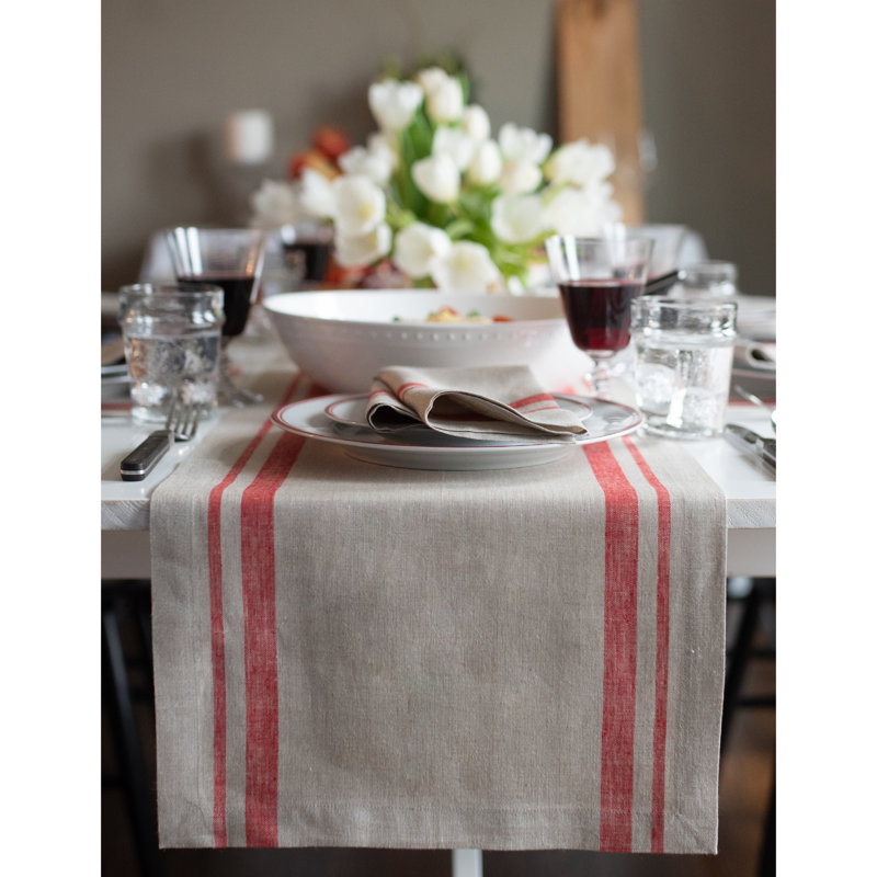 French Stripe - 100% Pure Linen Table Runner, 60" x 14", Red/Natural