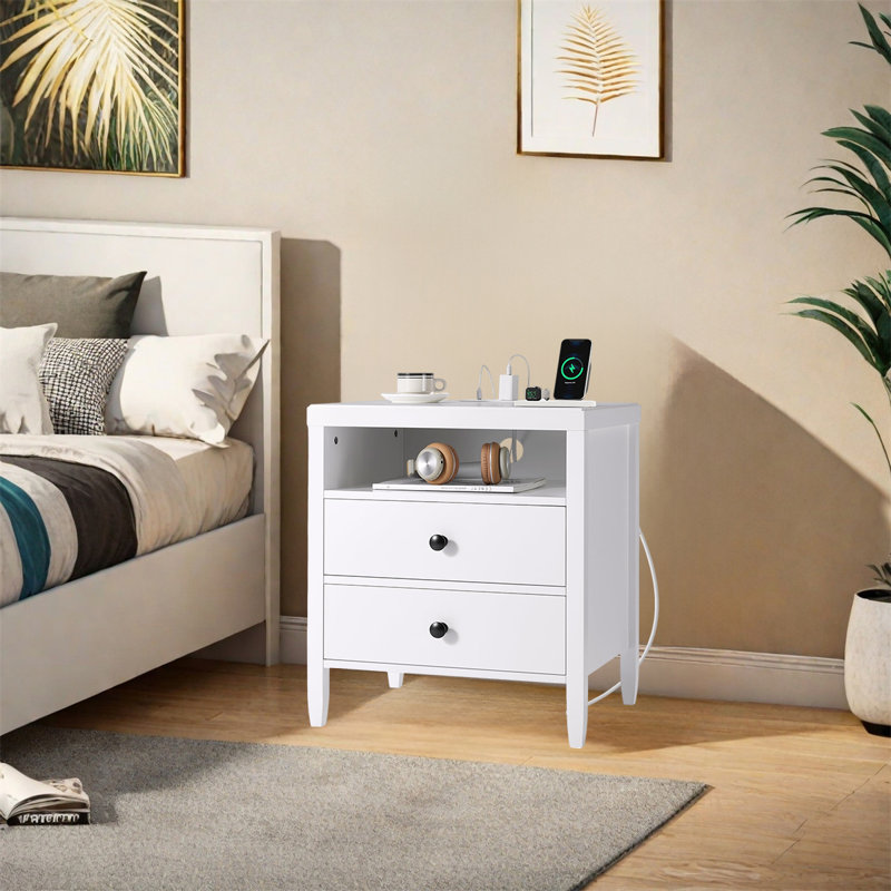 Table de chevet moderne blanche avec station de charge et 2 tiroirs, Blanc