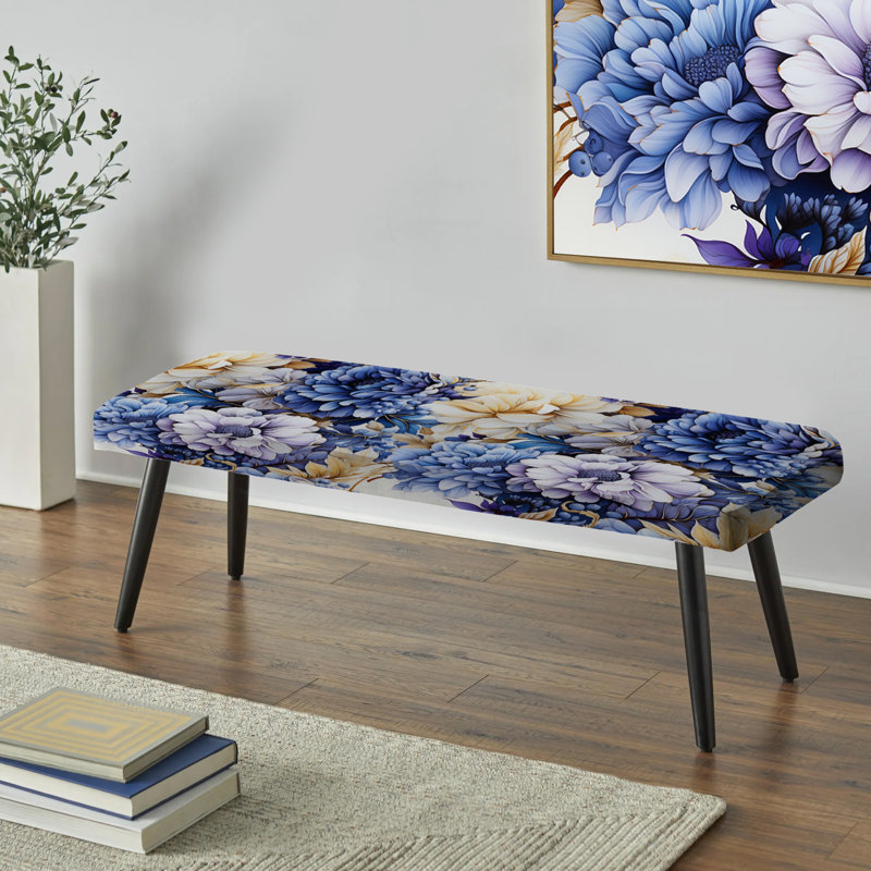 Watercolor Damask Wheel - Floral Upholstered Black Bench