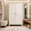 Cream White 2-Door Wardrobe, Modern Armoire with Gold Handles, Storage Cabinet with Hanging Rod & Top Shelf for Bedroom & Entryway