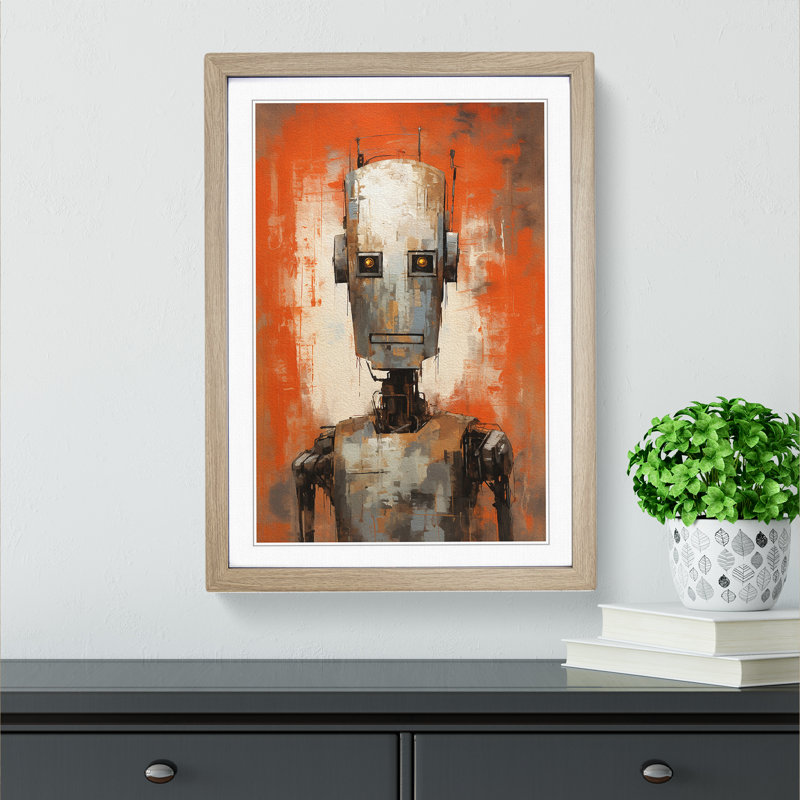 Robot Gestural No.2 - Single Picture Frame Print on Wood, Oak, 64cm H x 46cm W x 2cm D