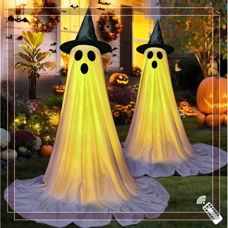 Décoration fantôme d'Halloween pour l'extérieur (2 pièces) - Hauteur réglable de 60 po, guirlandes lumineuses à distance (8 modes / minuterie), visages personnalisés pour maison hantée