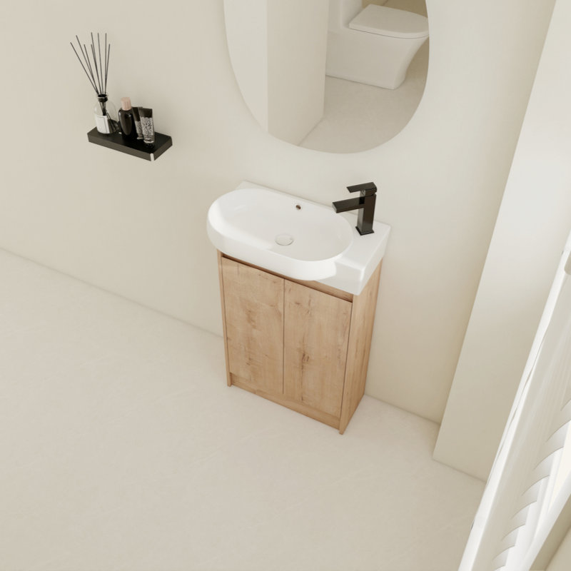 Meuble-lavabo autoportant de 23 po avec lavabo et portes à fermeture douce, Imitation chêne