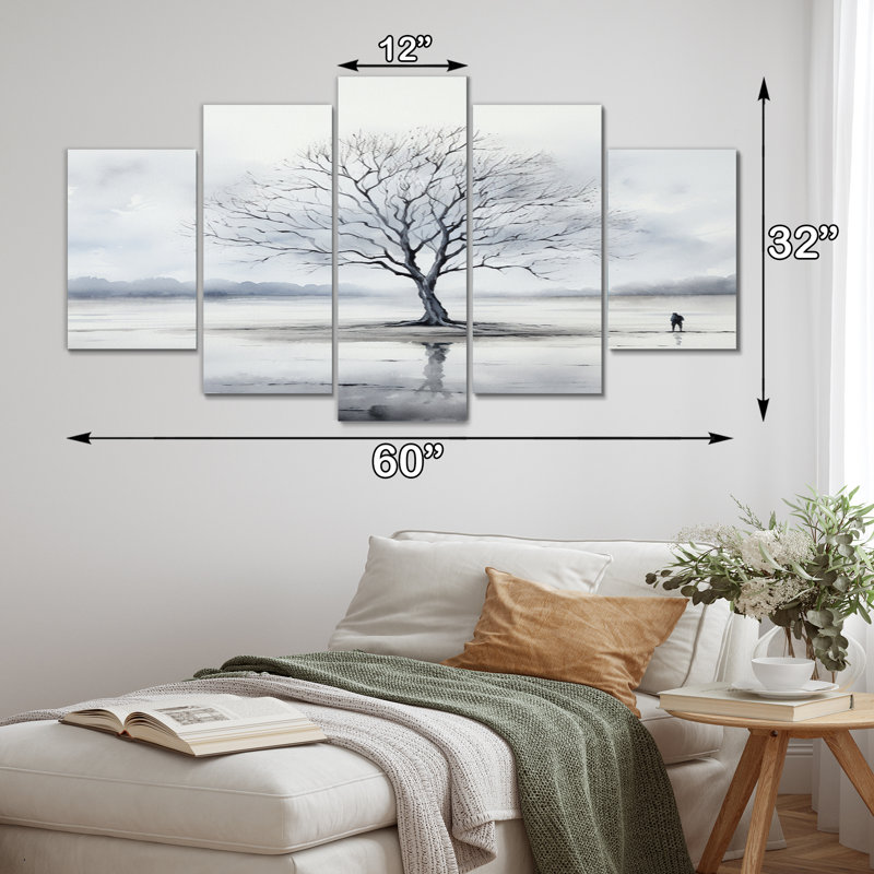 «Minimalisme gris arbre solitude VI - décoration murale florale - 5 panneaux