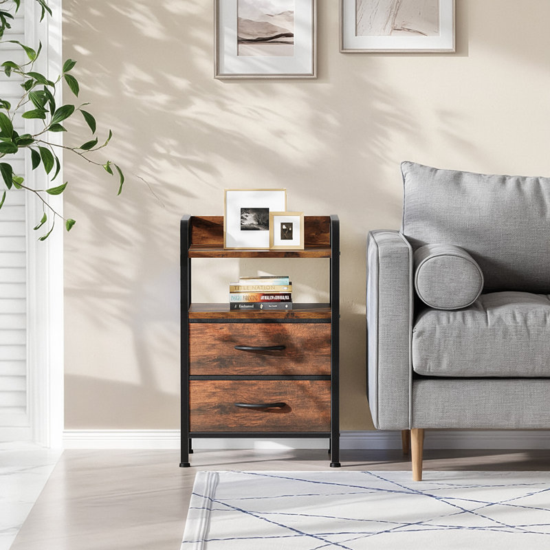2 Drawer Nightstand with Charging Station & LED Light Strip, Brown