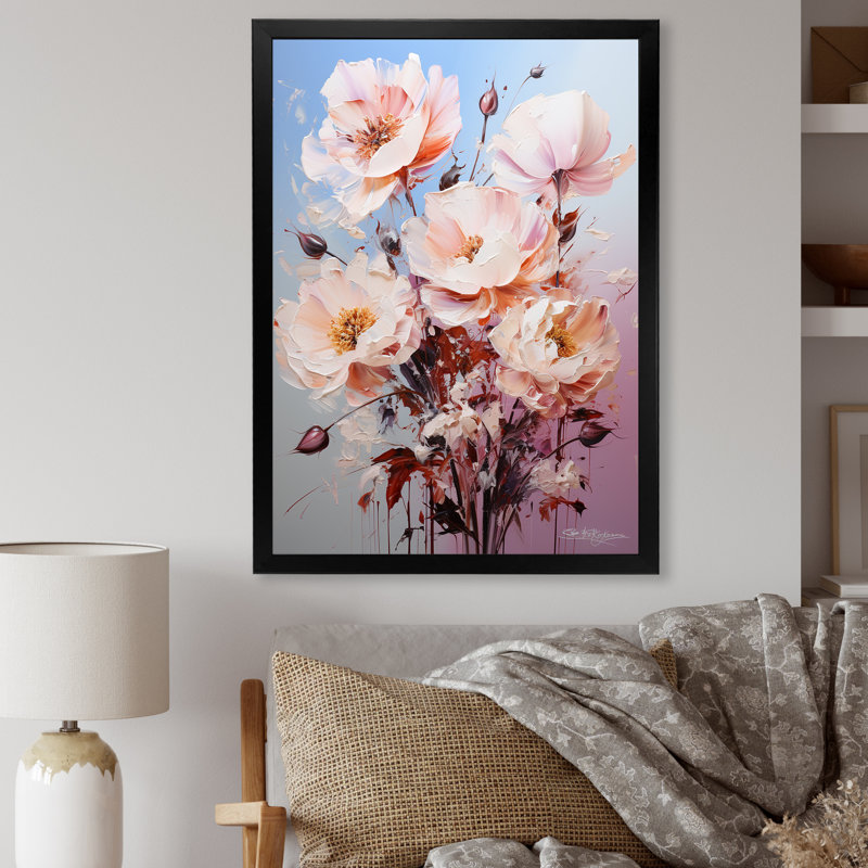 Beige, roses roses et Burgeon sur toile, H 20 po x l 12 po x P 1 po, Cadre simple noir