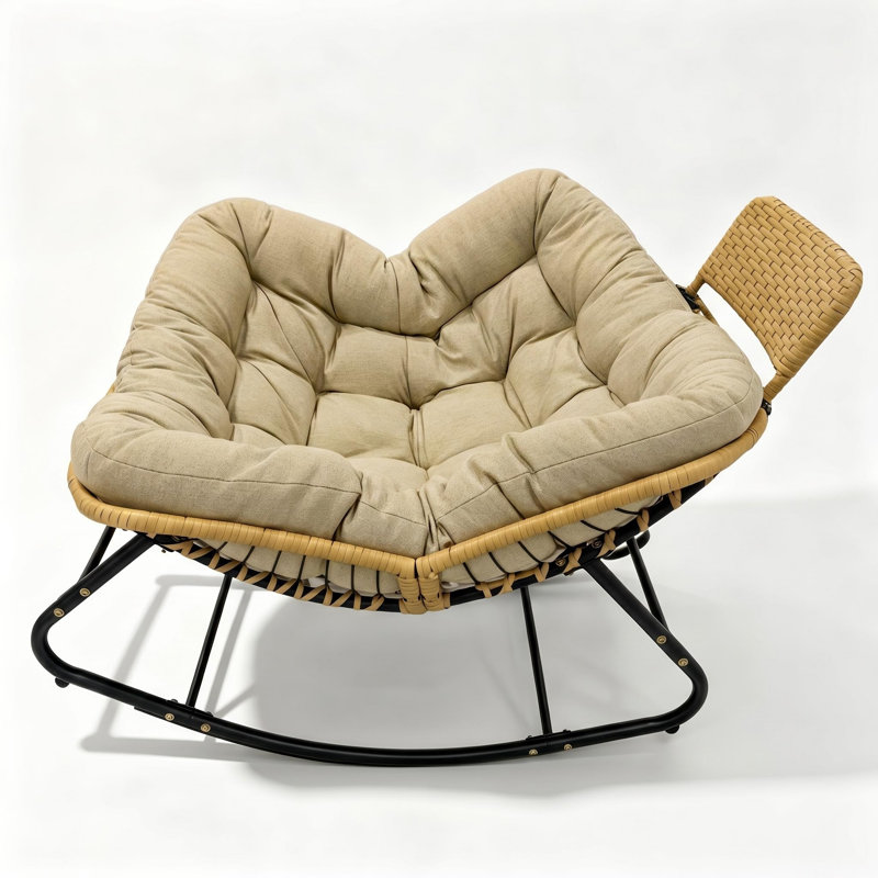 Chaise berçante en osier 39,37 "avec coussin en coton épais et appui-tête en rotin, Coussin kaki + rotin + métal