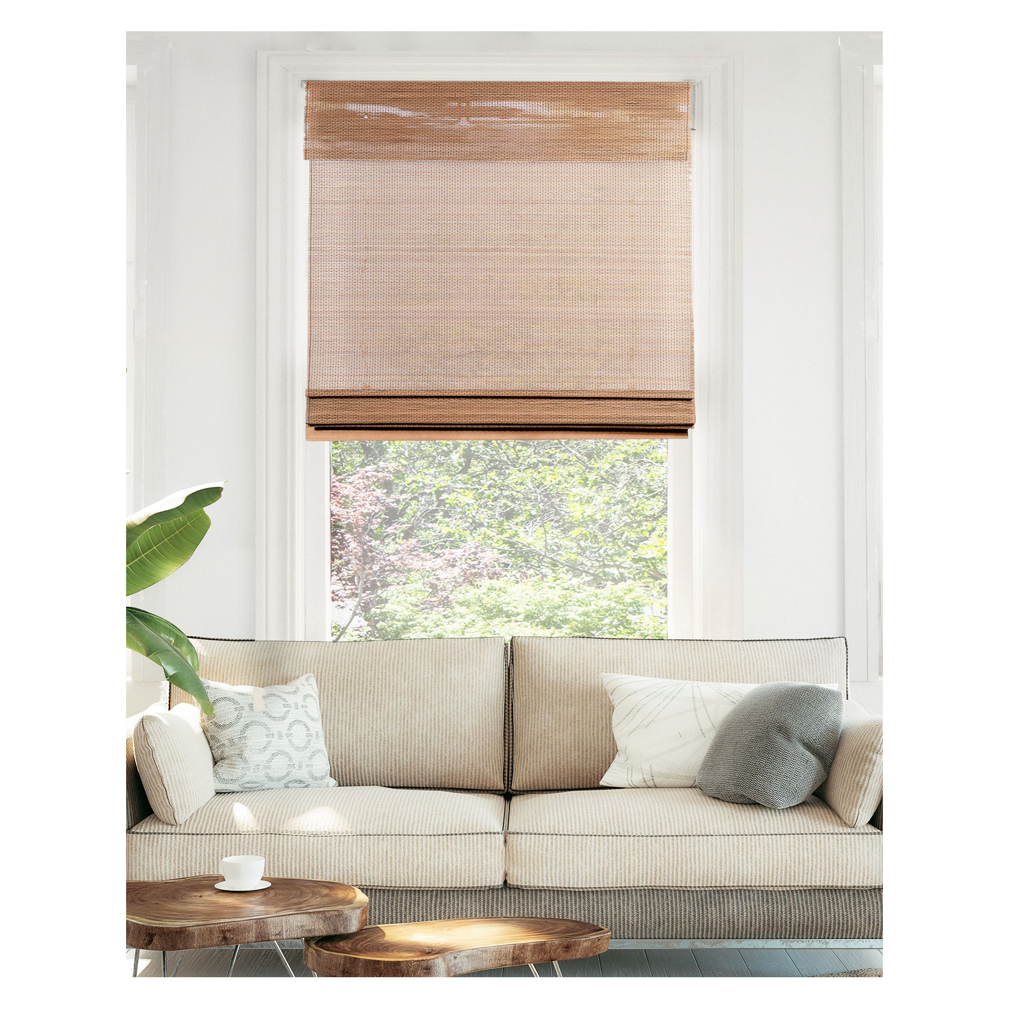 Cordless Light Filtering Woven Wood Bamboo Roman Shade with Valance, 27"W x 64"L, Acorn