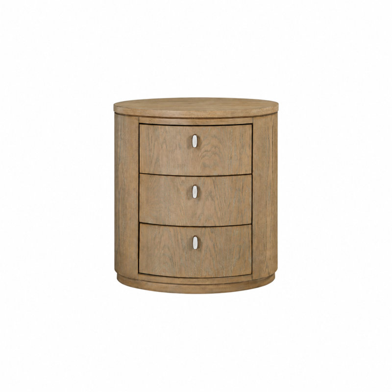 Table de chevet ovale Marielle à 3 tiroirs avec chargement USB, couleur caramel