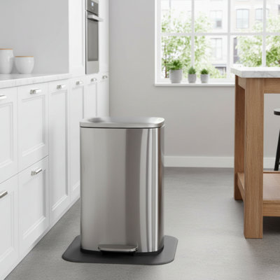 Satin-Finish Nickel-Plated Brushed Stainless Steel Trash Can, 50 Liters, Fingerprint-Resistant, Soft-Close Foot Pedal Model.