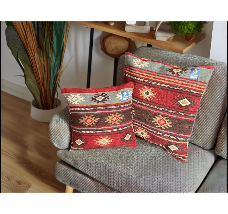 Zanskar Kilim Cushion Cover in Rich Red Multi Colour Geometric Pattern, 45cm x 45cm