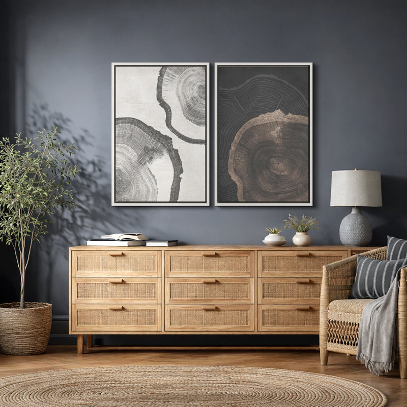 «Tree Ring», souche de bois gris, œuvre d'art neutre, photos de cabane de ferme rustique, ensemble de 2 impressions sur toile encadrées, 16 x 24 x 2, 24 x 36 x 2