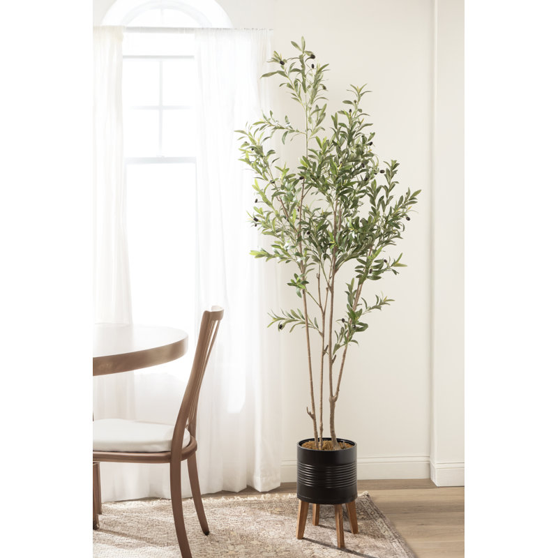 Oliveira Oliveira avec pot de fleurs en bois et métal Gavri, H 59,06 po x l 21,65 po, Noir