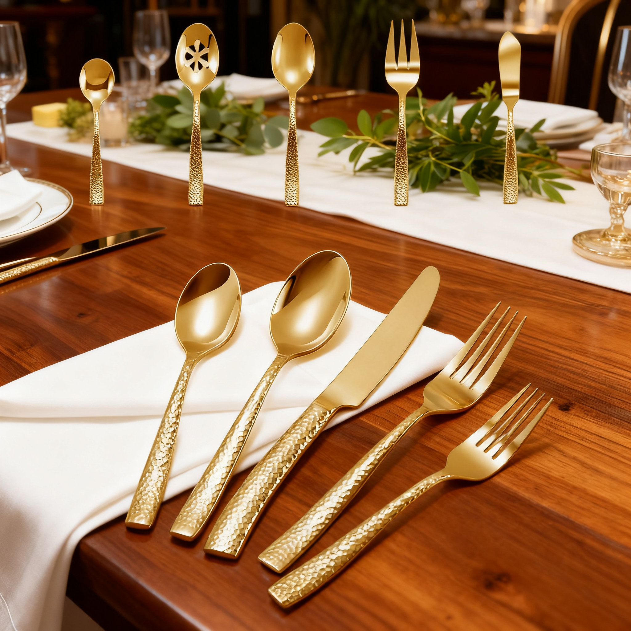 Rosdorf Park 45-Piece Hammered Gold Flatware Set For 8, Stainless Steel ...