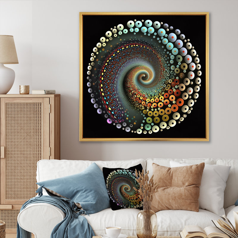 Iridiscdent pointillisme spirale rétro arc-en-ciel, H 36 po x l 36 po x P 1,5 po, Cadre flottant doré