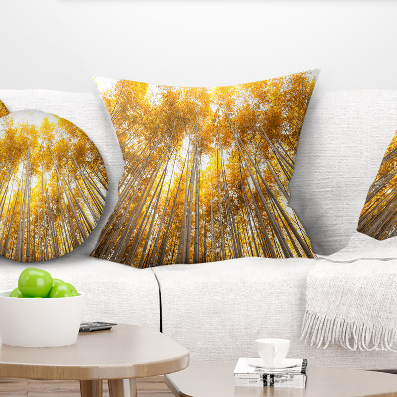 Coussin d'automne imprimé forêt d'automne en bambou - jaune, 16 po x 1 po, Coussin décoratif