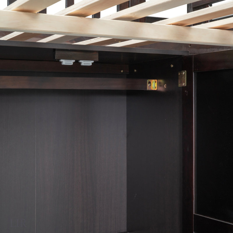 Lit mezzanine double avec bibliothèque, tiroirs et bureau pour des espaces de vie multifonctionnels, Espresso