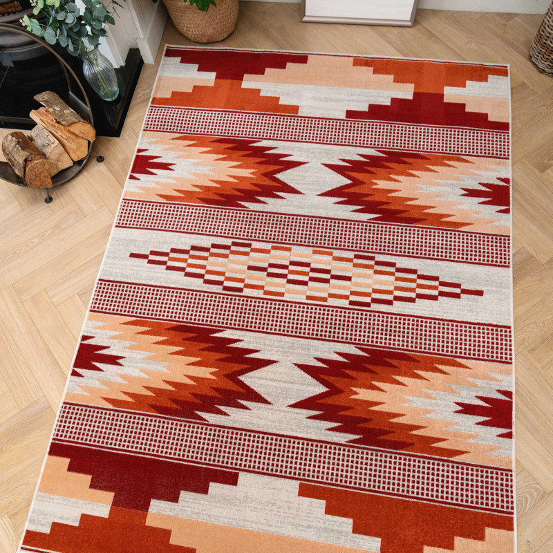 Orange Red Aztec Power Loom Area Rug, Rectangle 120 x 170cm